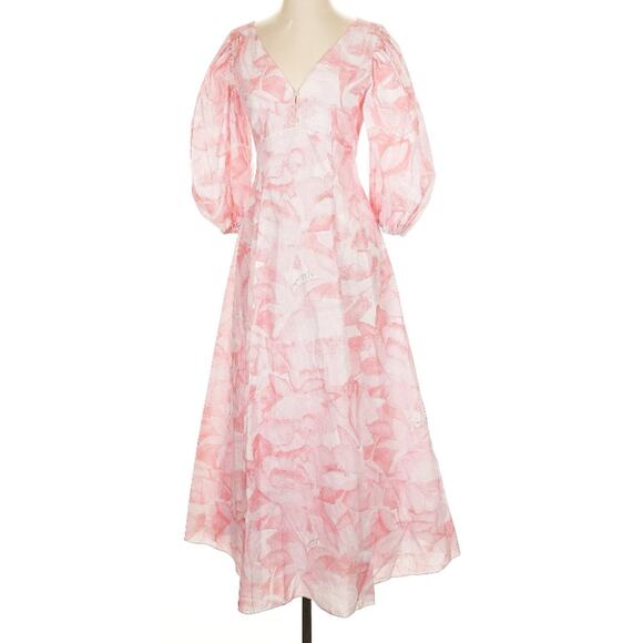 Vilshenko Ludmilla Pink Cotton Watercolor Floral Puff Sleeve Maxi Dress S NWT